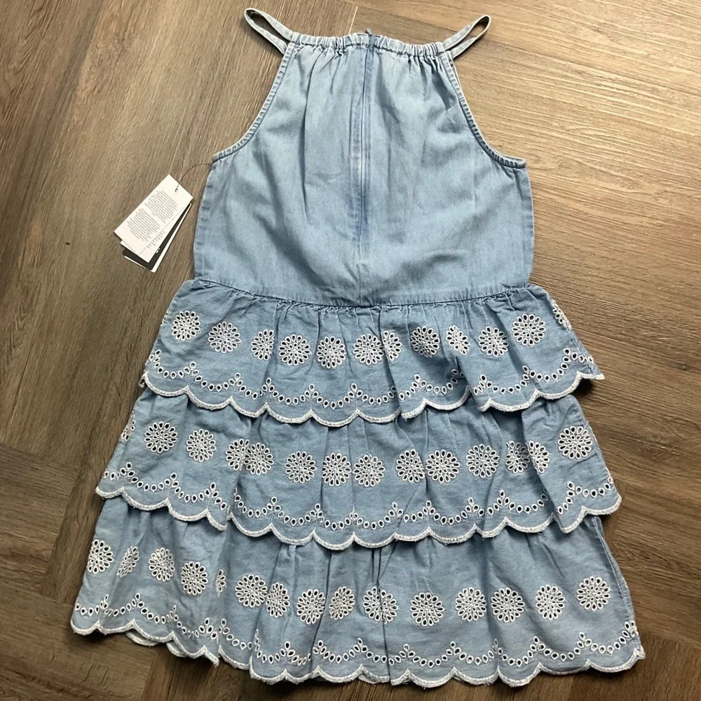 NWT Guess Kids Denim Eyelet Scallop Ruffle Halter Dress Girls 12 Blue White Boho